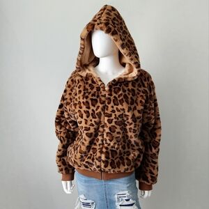 Ee:some Cozy Cheetah Print Full Zip Teddy Jacket With Hood & Pockets, Size M/L